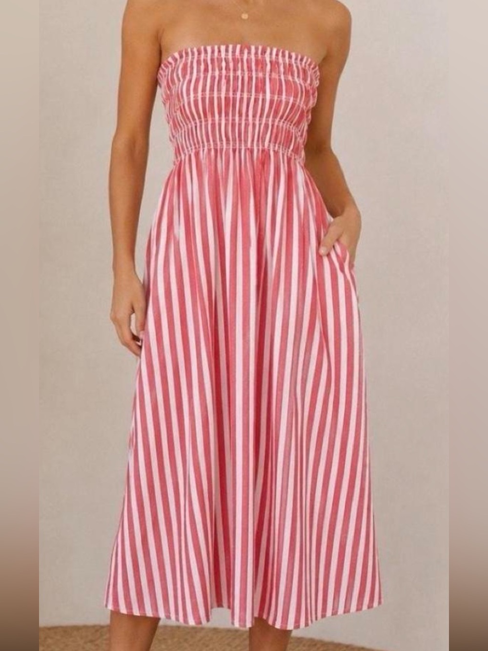 Strapless Pink Stripe Midi Dress